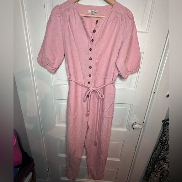 Madewell Linen Blend Puff Sleeve Tassle Tie Jumpsuit in PINK Size M - Picture 4 of 8